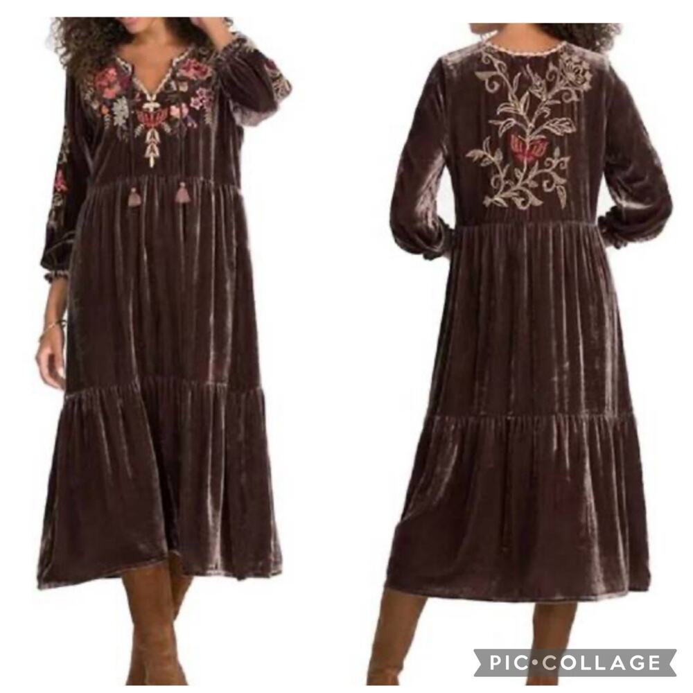 Johnny Was Chocolate Brown Velvet Midi Dress with Pink & Red Floral Embroidery